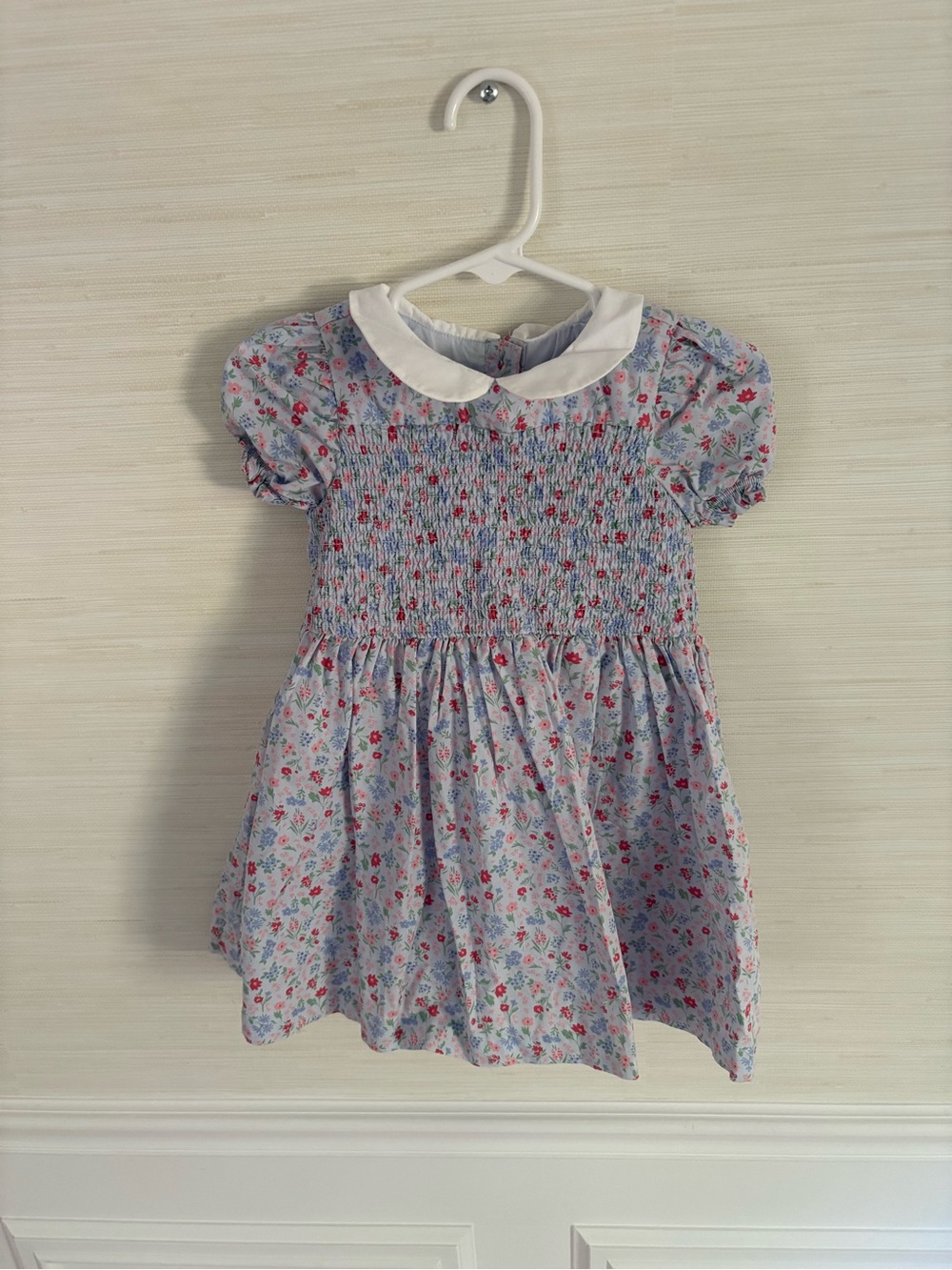 Janie and Jack Light Blue Floral Smocked Dress with White Peter Pan Collar